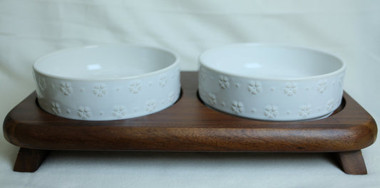 Snowflake Pet Bowl - Acacia Wood Base
