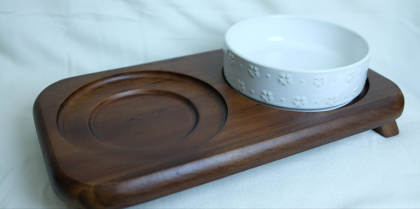Snowflake Pet Bowl - Acacia Wood Base