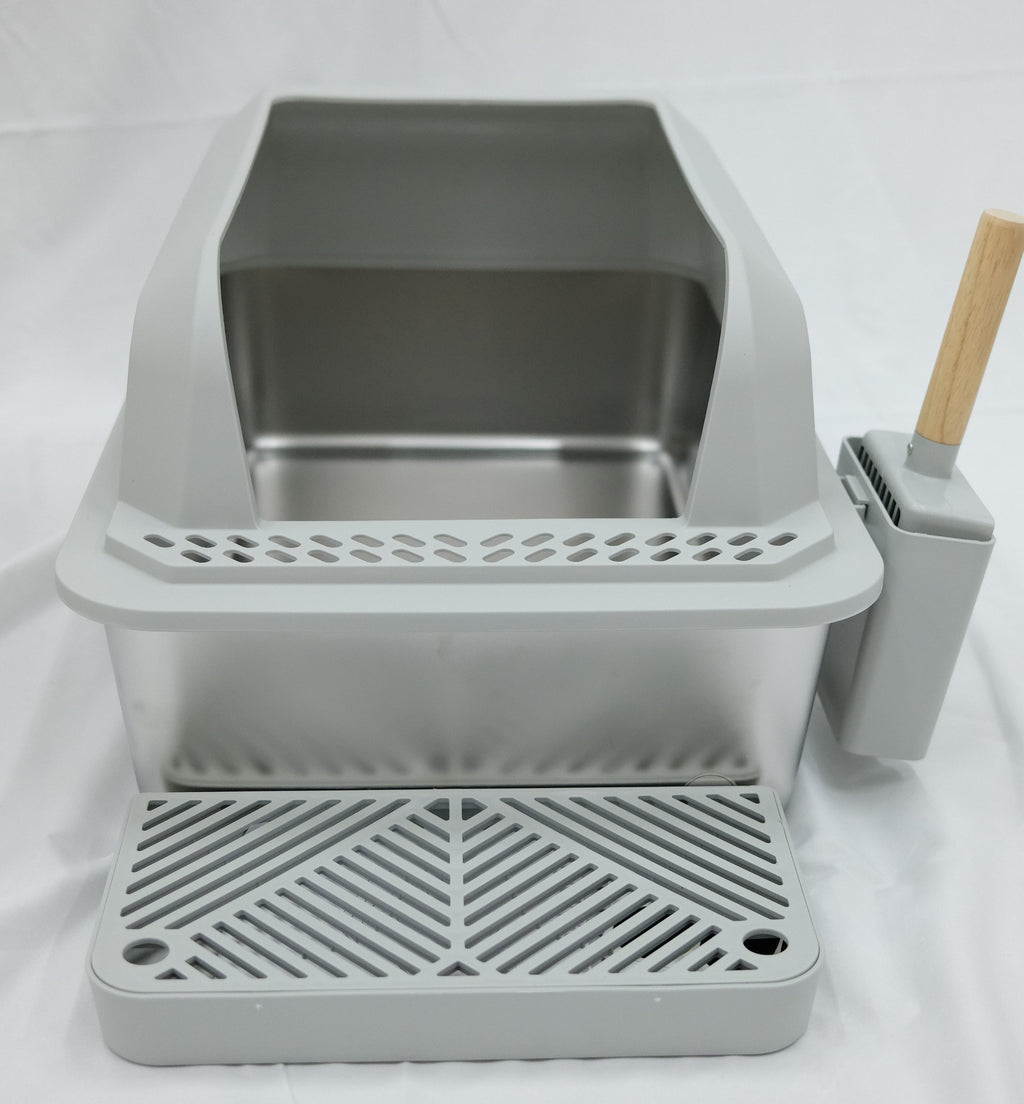 Modern Stainless Steel Cat Litter Box with Scoop & Step