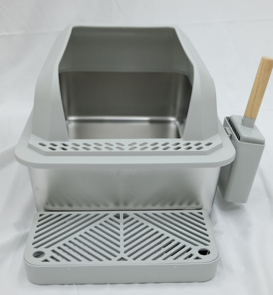 Modern Stainless Steel Cat Litter Box with Scoop & Step