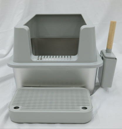 Modern Stainless Steel Cat Litter Box with Scoop & Step