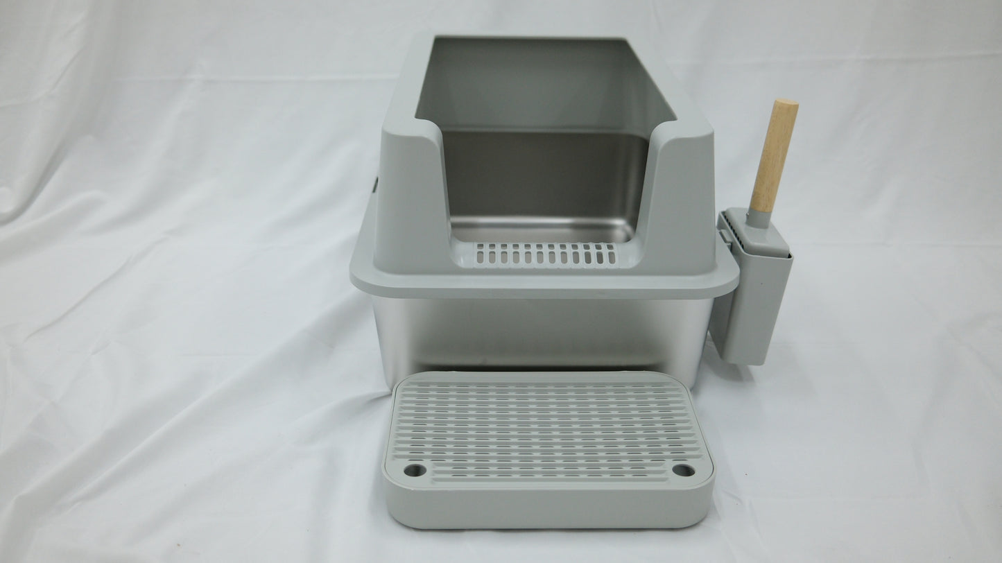 Modern Stainless Steel Cat Litter Box with Scoop & Step